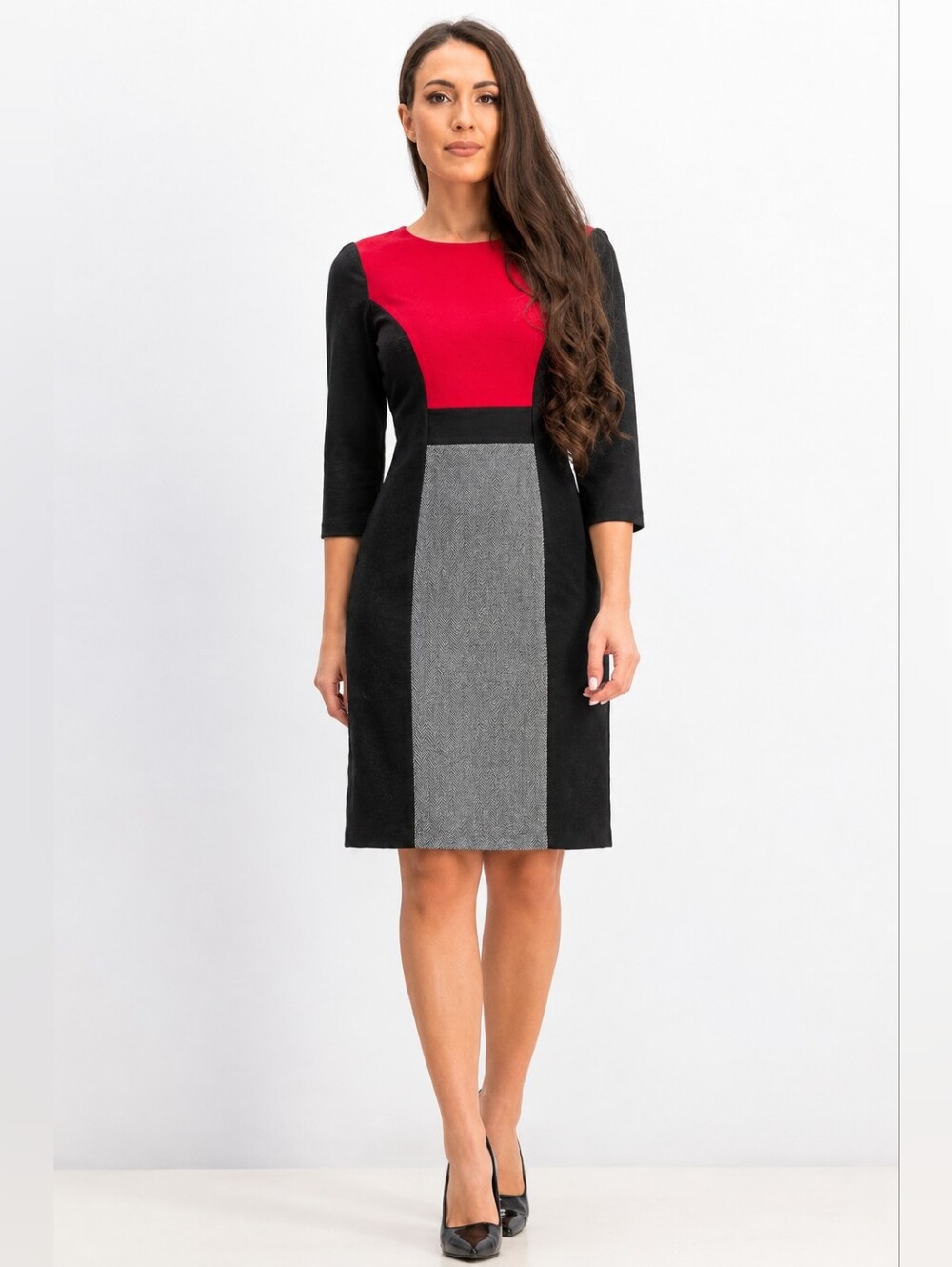 Tribal Black Red Herringbone Sheath 3/4 Sleeve Office Gala Stretch Midi Dress 10